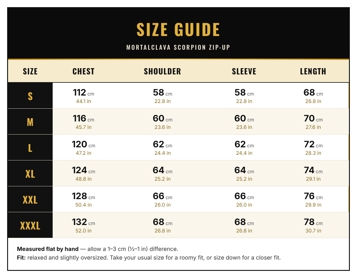 Mortalclava Scorpion Zip-Up size guide